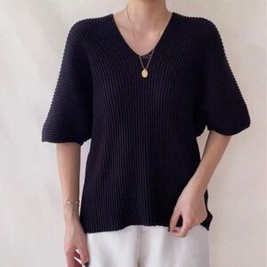 Uniqlo Black Ribbed 100% Cotton V Neck Short Sleeve Relaxed Fit Sweater Size L